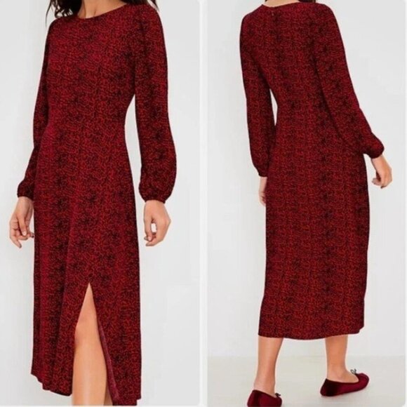 LOFT Dresses & Skirts - LOFT Midi Dress 2 Red and Black Leopard Animal Print Slit Dress